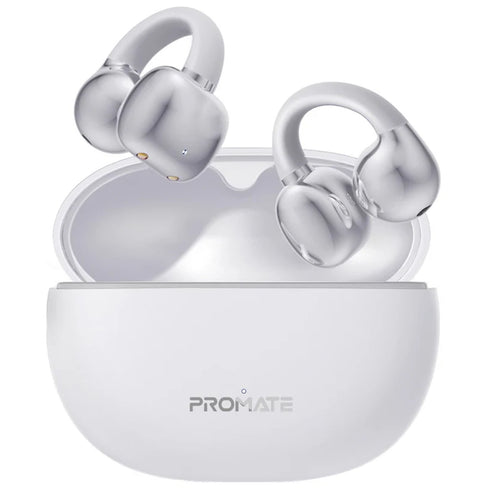 AIRCLIP-WHT - PROMATE Open Ear Clip-on Bluetooth Earbuds with Intellitouch Smart Control. Includes 500mAh Recharging Battery Case, Up to 28 Hours Play Back, Water Resistant, White