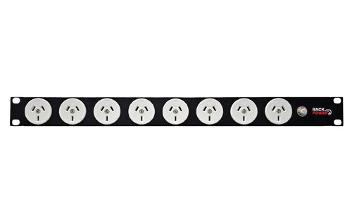 RackPower Power Strip: 8 x 10A 3pin outlets, 19" 1U, 10A Thermal Overload, 10A C14 IEC Inlet. Supplied with 2m 3 Pin Power cord with Locking Socket & Mounting Kit.