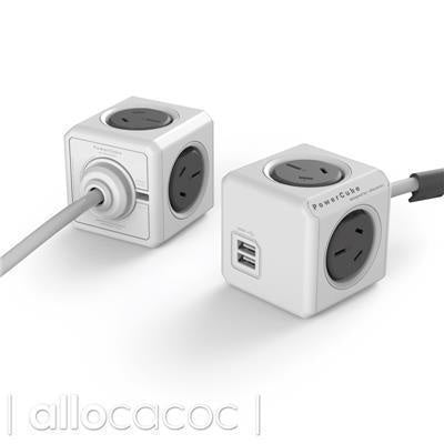 ALLOCACOC POWERCUBE Extended 4 Outlets with 2 USB, 3M - Grey