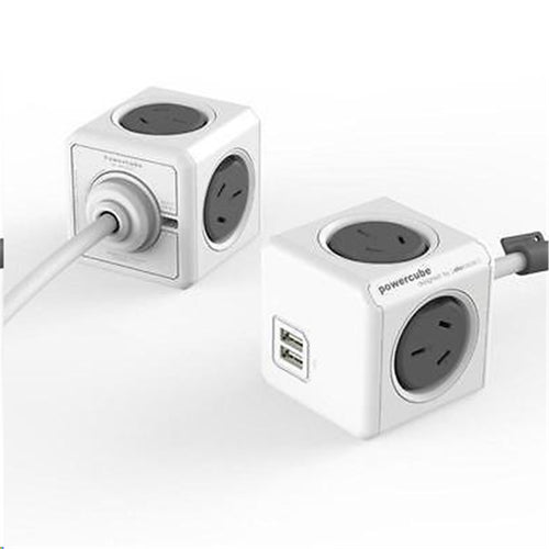 ALLOCACOC PowerCube 4 Outlet Extended USB Surge Protector 2x USB 2.1A 10W - Grey