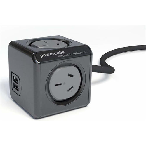 ALLOCACOC PowerCube 4 Outlet Extended USB Surge Protector with 2x USB 2.1A 10W - 1.5m - Black