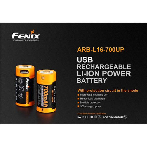 Fenix 16340 Li-ion Battery ARB-L16-700UP Rechargeable Battery Button-Top, 700mAh, 3.6V, 2.52Wh, Built-In Micro-USB Charging Port With Protection Circuit in the Anode