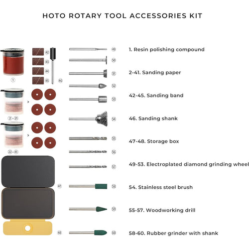 HOTO Rotary Tool Accessories Kit 60 TYPES of Multifunctional Accessories for HOTO Rotary Tool