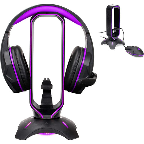 RGB Gaming HeadSet & Headphone Stand + Mouse Cord Holder X 2 USB Port Hub Black Hanger / Holder for Headset / Headphone / 7 LED Colors + Color Changing Mode