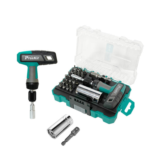 ProsKit 25 in 1 T- Handle Ratchet With Universal Socket & Bits Set