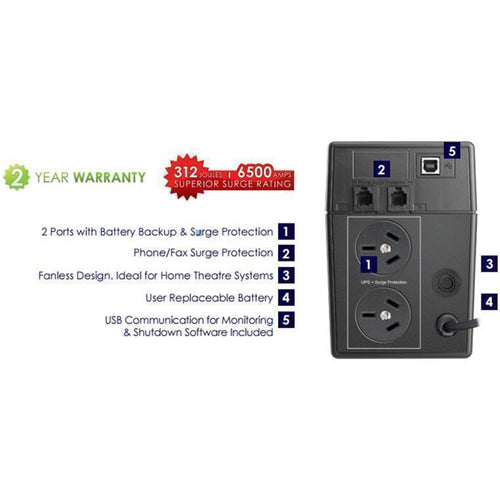 Dynamix Defender UPSD650 650VA (390W) Line Interactive UPS, 312 Joules Surge Protection, 2x NZ Power Sockets, Netguard Smart Monitoring Software, USB Cable Included - 2 Year Warranty