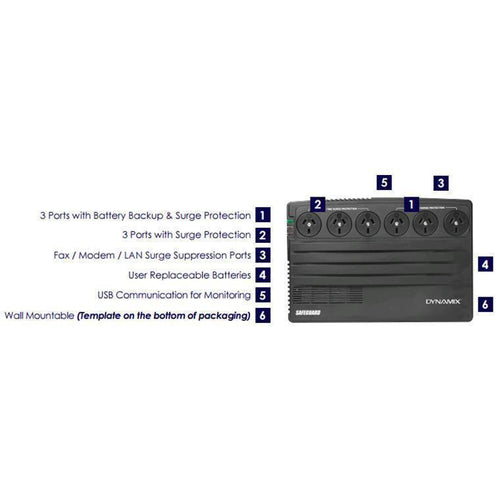 Dynamix UPSG750 SafeGuard 750VA (450W) Line Interactive UPS, 3xNZ Power Sockets with Surge + Battery Backup, 3xNZ Power Sockets with Surge 936J, Fax / Modem / LAN Protection Ports, Netguard Software, 2 Year Warranty