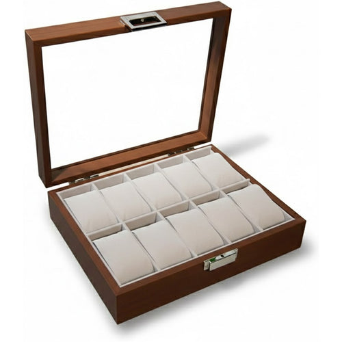 Premium Wooden SmartWatch/Watch Storage Organizer Box with 10 Display Slots - Glass Top - Dimension 26cm(L)*21cm(W)*7.5cm(H)