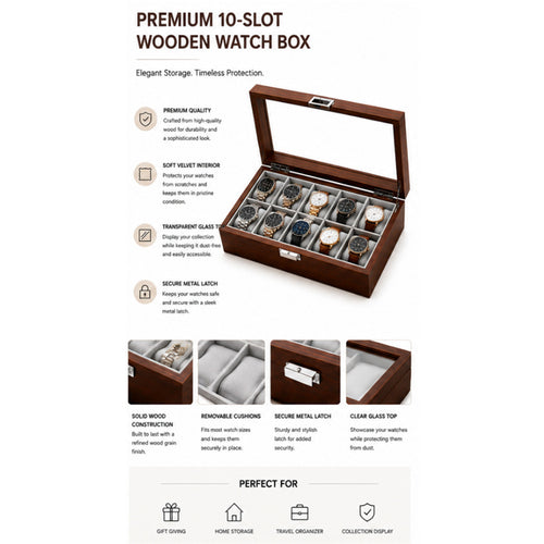 Premium Wooden SmartWatch/Watch Storage Organizer Box with 10 Display Slots - Glass Top - Dimension 26cm(L)*21cm(W)*7.5cm(H)