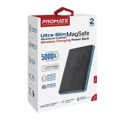 PROMATE BLADE-5-BL - 5000mAh Ultra-Slim Wireless Charging 15W MagSafe PowerBank 20WPD USB-C In/Out Port Smart