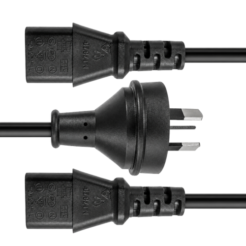 C-POWERCY - DYNAMIX C-POWERCY - 2M Y Power Cord. 3-Pin Plug to 2x IEC C13 Female Connectors 10A. SAA Approved.