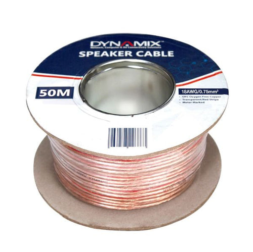CA-SPK18-50 - DYNAMIX CA-SPK18-50 - 50m 18AWG PVC Speaker Cable Bare Copper Transparent Colour w/ Red Stripe Meter Marked
