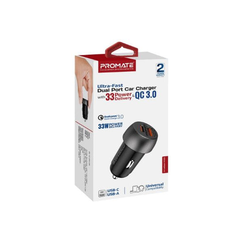 DRIVEGEAR-PD33 - PROMATE DRIVEGEAR-PD33 - 33W Ultra-Fast Dual Port Compact In-Car Phone Charger. 1x 18W QC 3.0 USB-A Port