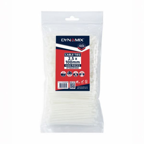 DYNAMIX DY1002N1000 - 2.5 x 100mm Natural Cable Ties Pack of 1000 80N/8.1kgs Tensile Strength