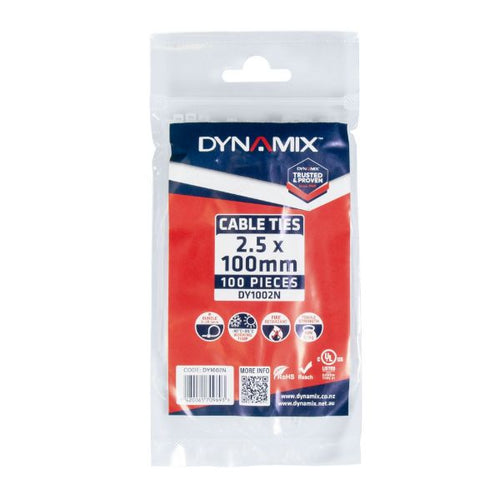 DYNAMIX DY1002N - 2.5 x 100mm Natural Cable Ties Pack of 100 80N/8.1kgs Tensile Strength