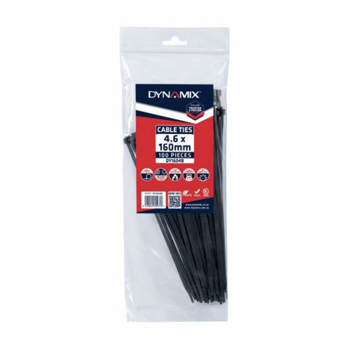 DYNAMIX DY1604B - 4.6 x 160mm UV Black Cable Ties Pack of 100 230N/23.4kgs Tensile Strenght
