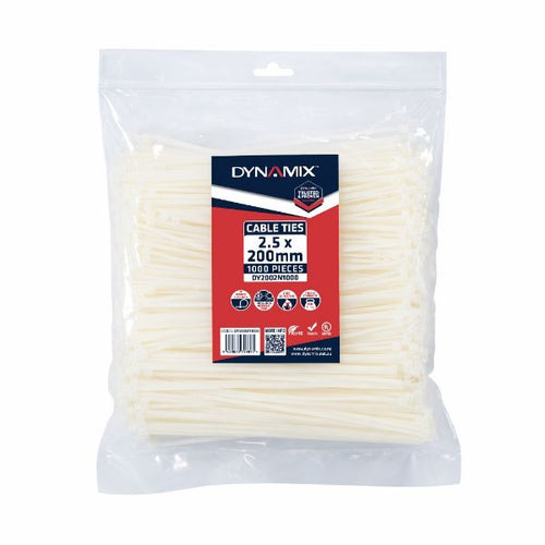 DYNAMIX DY2002N1000 - 2.5 x 200mm Natural Cable Ties Pack of 1000 80N/8.1kgs Tensile Strength
