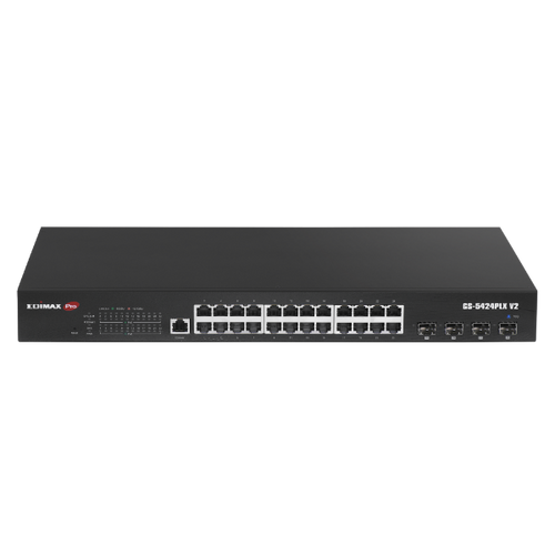 GS-5424PLXV2 - EDIMAX GS-5424PLXV2 - 24 Port Gigabit PoE+ Web Smart Surveillance Switch w/ 4 Port 10GbE SFP+ Uplinks.