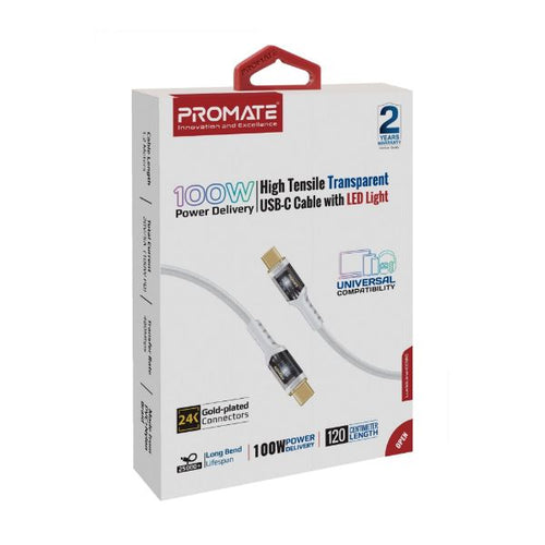 LUCIDLINE-CC120W - PROMATE LUCIDLINE-CC120W - 1.2m USB-C to USB-C Ultra-Fast 100W PD Cable w/ Transparent Connectors.