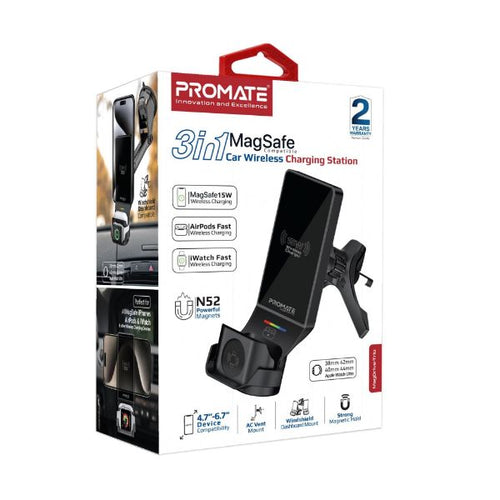 MAGDRIVE-TRIO - PROMATE MAGDRIVE-TRIO - 15W 3-in-1 MagSafe InCar Qi2 Phone Wireless Charging Mount. Includes Both Vent &
