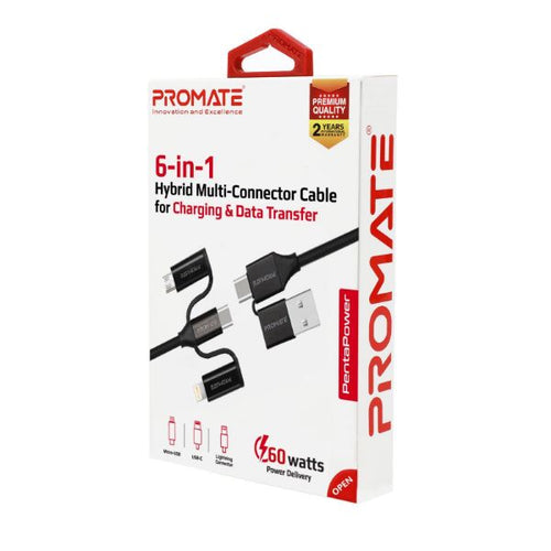 PENTAPOWER-BLK - PROMATE PENTAPOWER-BLK - 6-in-1 Hybrid 1.2m Multi Connector Cable for Charging & Data Transfer. 60W PD