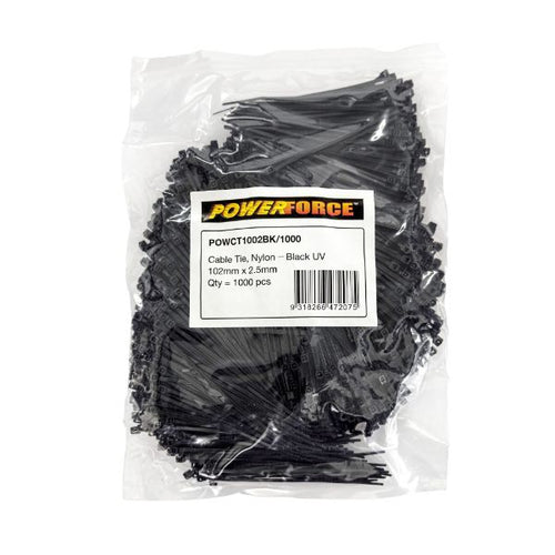 POWCT1002BK-1000 - POWERFORCE POWCT1002BK-1000 - 2.5 x 102mm Black UV Cable Ties Pack of 1000 8kgs Tensile Strength