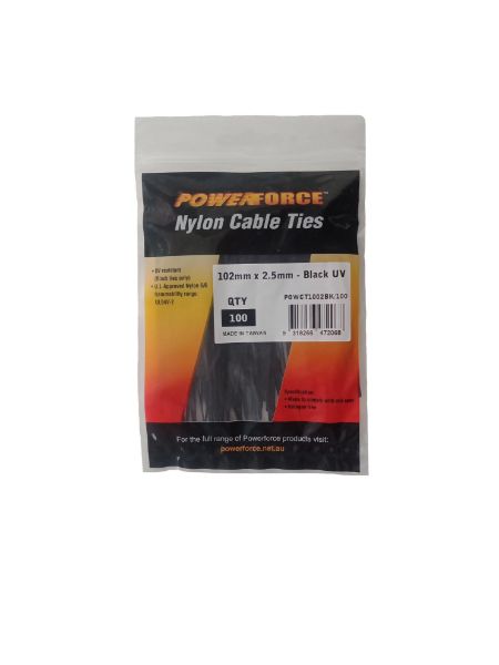 POWCT1002BK-100 - POWERFORCE POWCT1002BK-100 - 2.5 x 102mm Black UV Cable Ties Pack of 100 8kgs Tensile Strength