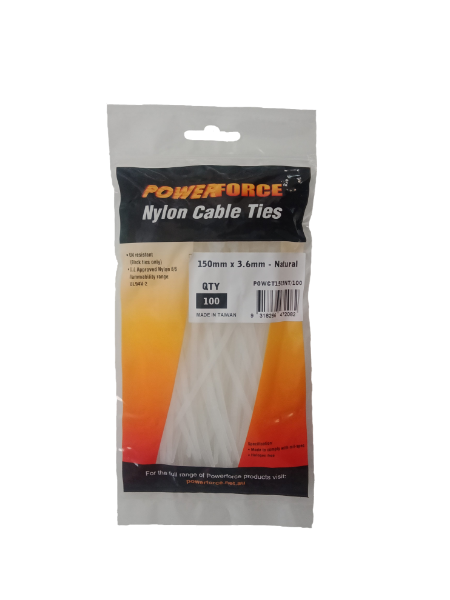 POWCT1503NT-100 - POWERFORCE POWCT1503NT-100 - 3.6 x 150mm Natural Cable Ties Pack of 100 18kgs Tensile Strength