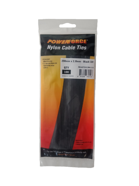 POWERFORCE POWCT2002BK-100 - 2.8 x 200mm Black UV Cable Ties Pack of 100 8kgs Tensile Strength