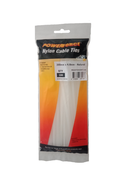 POWCT2004NT-100 - POWERFORCE POWCT2004NT-100 - 4.8 x 200mm Natural Cable Ties Pack of 100 22kgs Tensile Strength