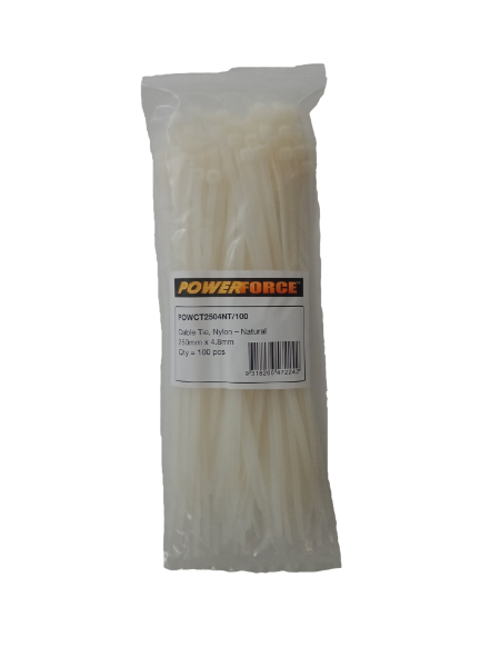 POWERFORCE POWCT2504NT-100 - 4.8 x 250mm Natural Cable Ties Pack of 100 22kgs Tensile Strength