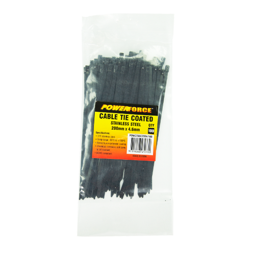 POWERFORCE POWCTSSC2004-100 - 4.6 x 200mm 316L Stainless Steel Cable Ties Pack of 100 667N/68kgs Tensile Strength