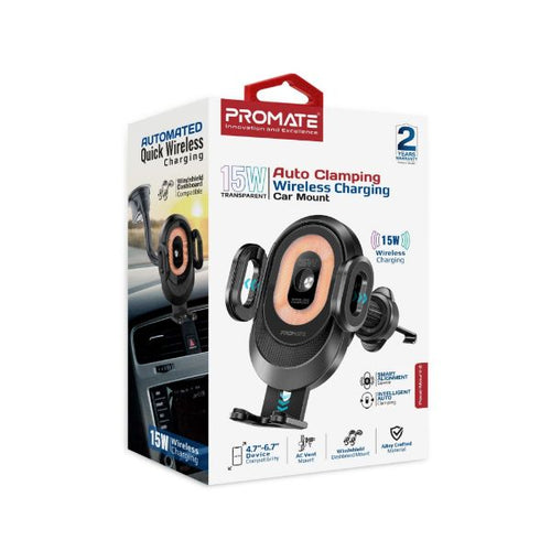 POWERMOUNT-2 - PROMATE POWERMOUNT-2 - 15W Transparent Auto Clamping Wireless Charging Car Mount. Takes 4.7-6.7'' Devices