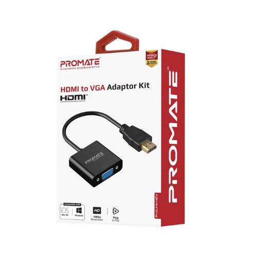 PROLINK-H2V-BLK - PROMATE PROLINK-H2V-BLK - HDMI (Male) to VGA (Female) Display Adaptor Kit. Supports up to 1920x1080@60Hz.