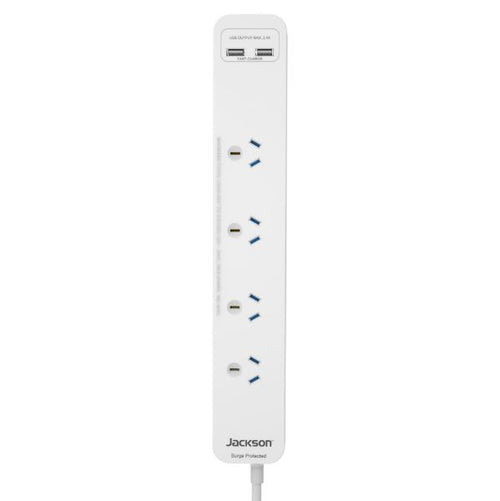PT2929SUSB - JACKSON PT2929SUSB - 4 Way Surge Protected Powerboard 2x USB-A Fast Charge Ports