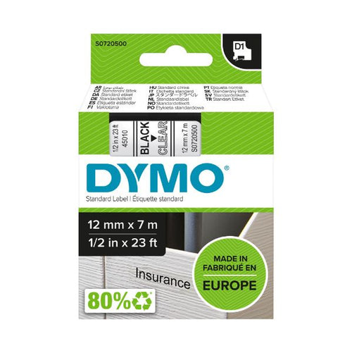 S0720500 - DYMO S0720500 - Genuine D1 Label Cassette Tape 12mm x 7M Black on Clear. Suitable for the LabelManager