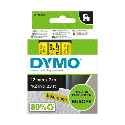 S0720580 - DYMO S0720580 - Genuine D1 Label Cassette Tape 12mm x 7M Black on Yellow Suitable for the Label Manage