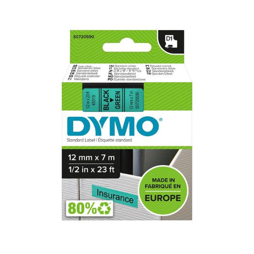 S0720590 - DYMO S0720590 - Genuine D1 Label Cassette Tape 12mm x 7M Black on Green Suitable for the Label Manage