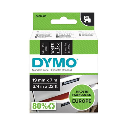 S0720910 - DYMO S0720910 - Genuine D1 Label Cassette Tape 19mm x 7M White on Black Suitable for the Label Manager