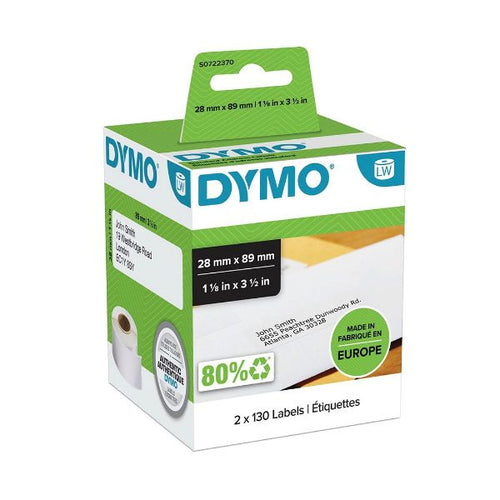 S0722370 - DYMO S0722370 - Genuine LabelWriter Address Labels (Self-Adhesive). 28mm x 89mm labels. Black on White.