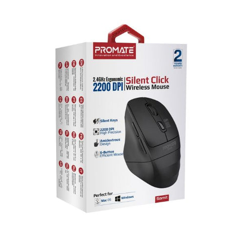 SAMIT-BLK - PROMATE SAMIT-BLK - Ergonomic Silent Click Wireless Mouse up to 2200 DPI. 10m Working Range. Plug & Play
