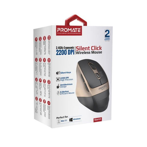 PROMATE SAMIT-GLD - Ergonomic Silent Click Wireless Mouse up to 2200 DPI. 10m Working Range. Plug & Play