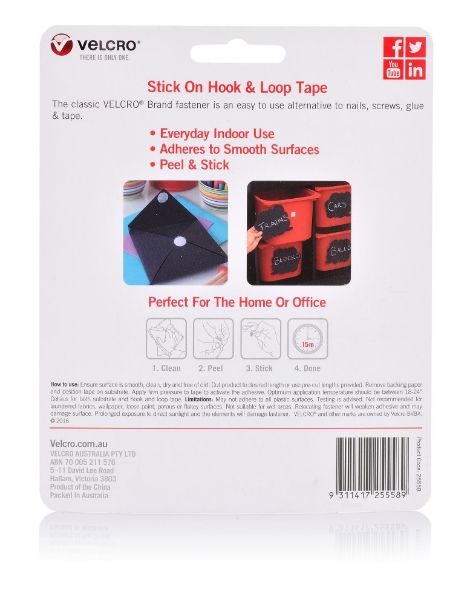 VELCRO VEL25558 - 25mm x 50mm Stick on Hook & Loop Pre-Cut 6 Pack Tape. for General Purpose