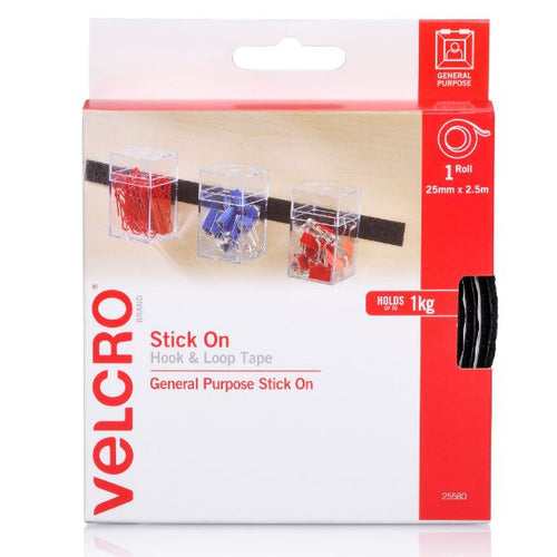 VEL25580 - VELCRO VEL25580 - 25mm x 2.5m Stick on Hook & Loop Roll/Tape. Hanging & Attaching Items