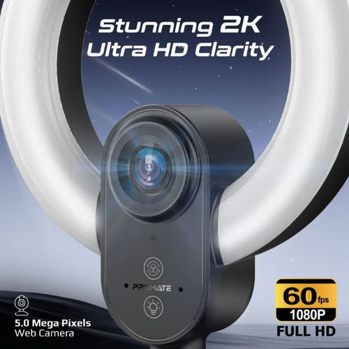 VISTACAM - PROMATE VISTACAM - 2K 5MP UHD Webcam w/ Built-in Mic Ring Light & Detachable Tripod