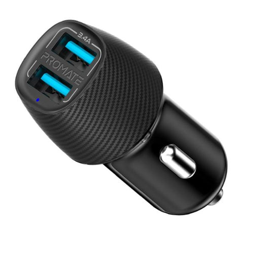 PROMATE VOLTRIP-DUO-BLK - 3.4A Dual Port USB-A Car Charger. Charge 2 Devices Same Time. Short-Circuit