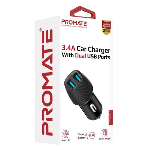 PROMATE VOLTRIP-DUO-BLK - 3.4A Dual Port USB-A Car Charger. Charge 2 Devices Same Time. Short-Circuit