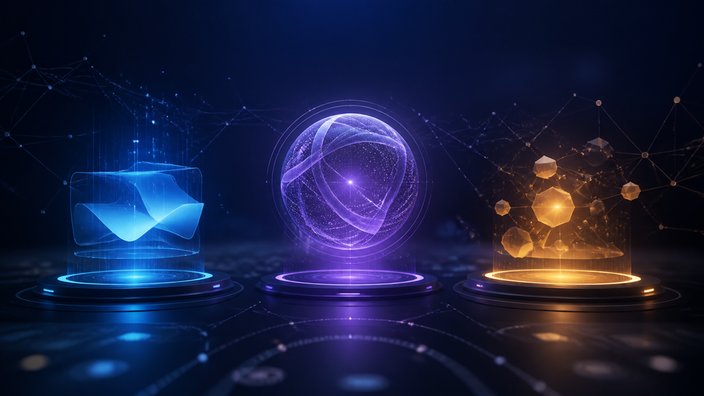 Abstract unbranded AI assistant comparison visual in blue, violet and amber light