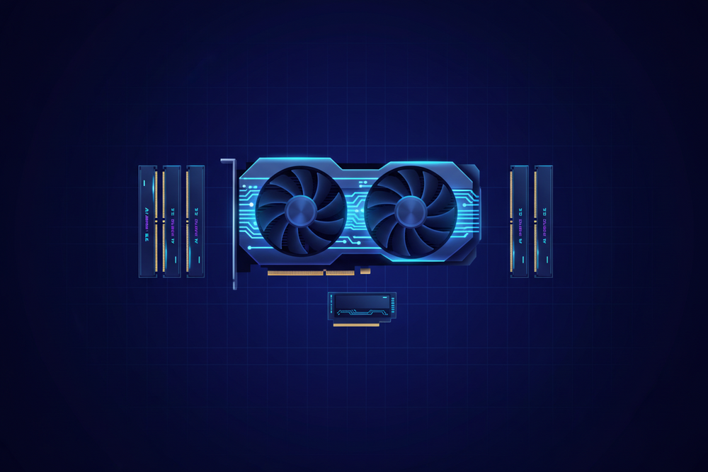 AI PC build with graphics card, RAM and NVMe SSD illustration