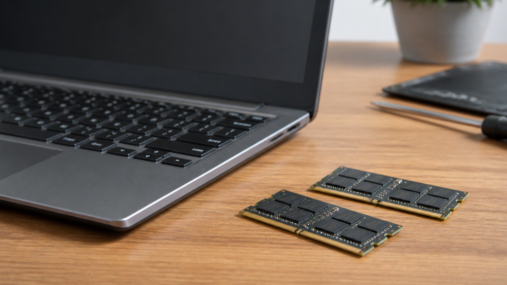 DDR4 SODIMM memory modules beside an open laptop